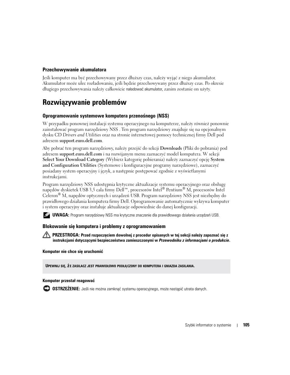 Przechowywanie akumulatora, Rozwi¶zywanie problemów, Rozwiązywanie problemów | Dell Latitude X1 User Manual | Page 105 / 176