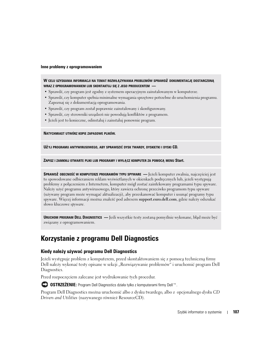 Korzystanie z programu dell diagnostics, Kiedy nale¿y u¿ywaæ programu dell diagnostics, Kiedy należy używać programu dell diagnostics | Dell Latitude X1 User Manual | Page 107 / 176