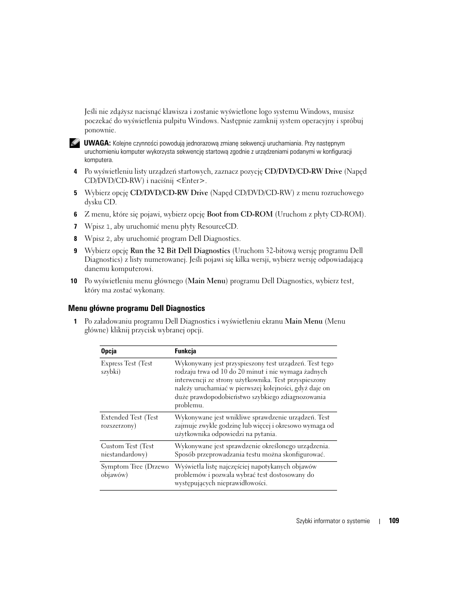 Menu g¸ówne programu dell diagnostics, Menu główne programu dell diagnostics | Dell Latitude X1 User Manual | Page 109 / 176