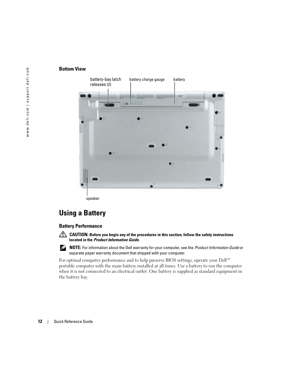 Bottom view, Using a battery, Battery performance | Dell Latitude X1 User Manual | Page 12 / 176