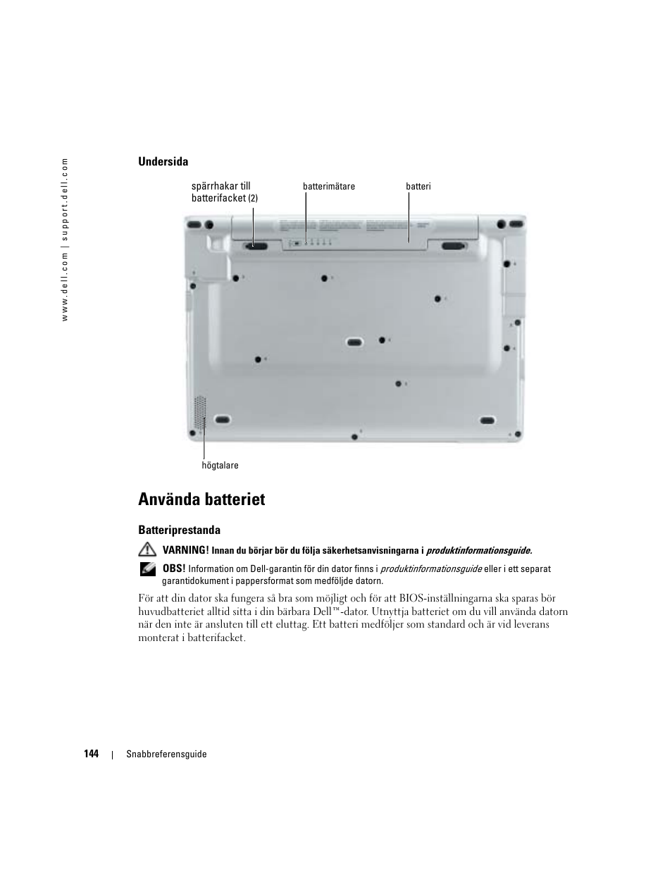 Undersida, Använda batteriet, Batteriprestanda | Dell Latitude X1 User Manual | Page 144 / 176