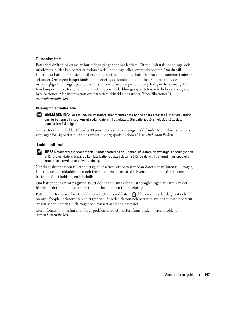 Ladda batteriet | Dell Latitude X1 User Manual | Page 147 / 176