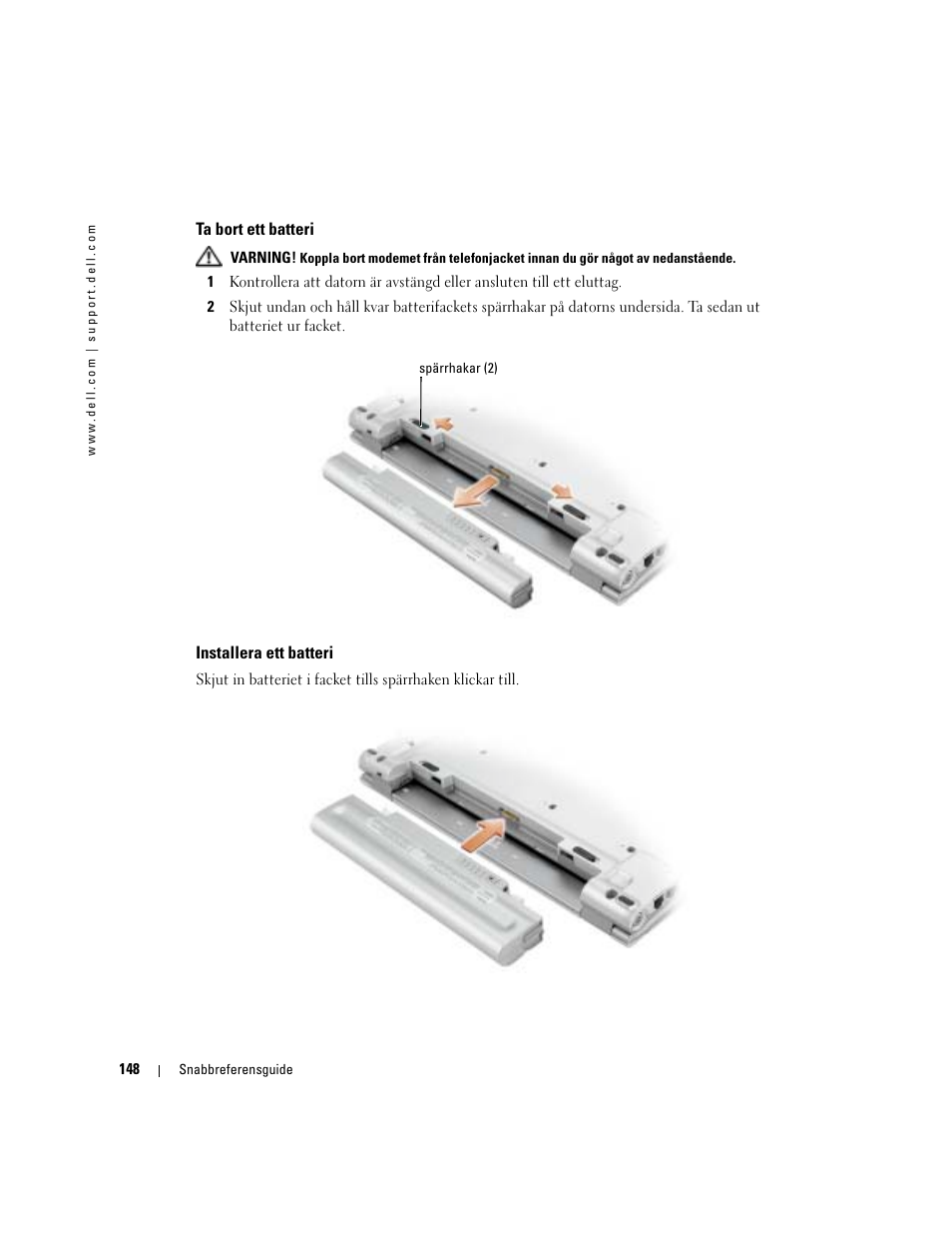 Ta bort ett batteri, Installera ett batteri | Dell Latitude X1 User Manual | Page 148 / 176