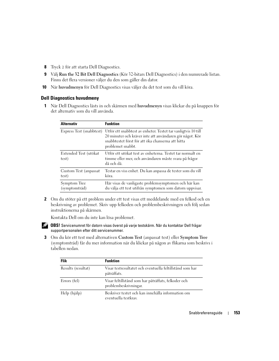 Dell diagnostics huvudmeny | Dell Latitude X1 User Manual | Page 153 / 176
