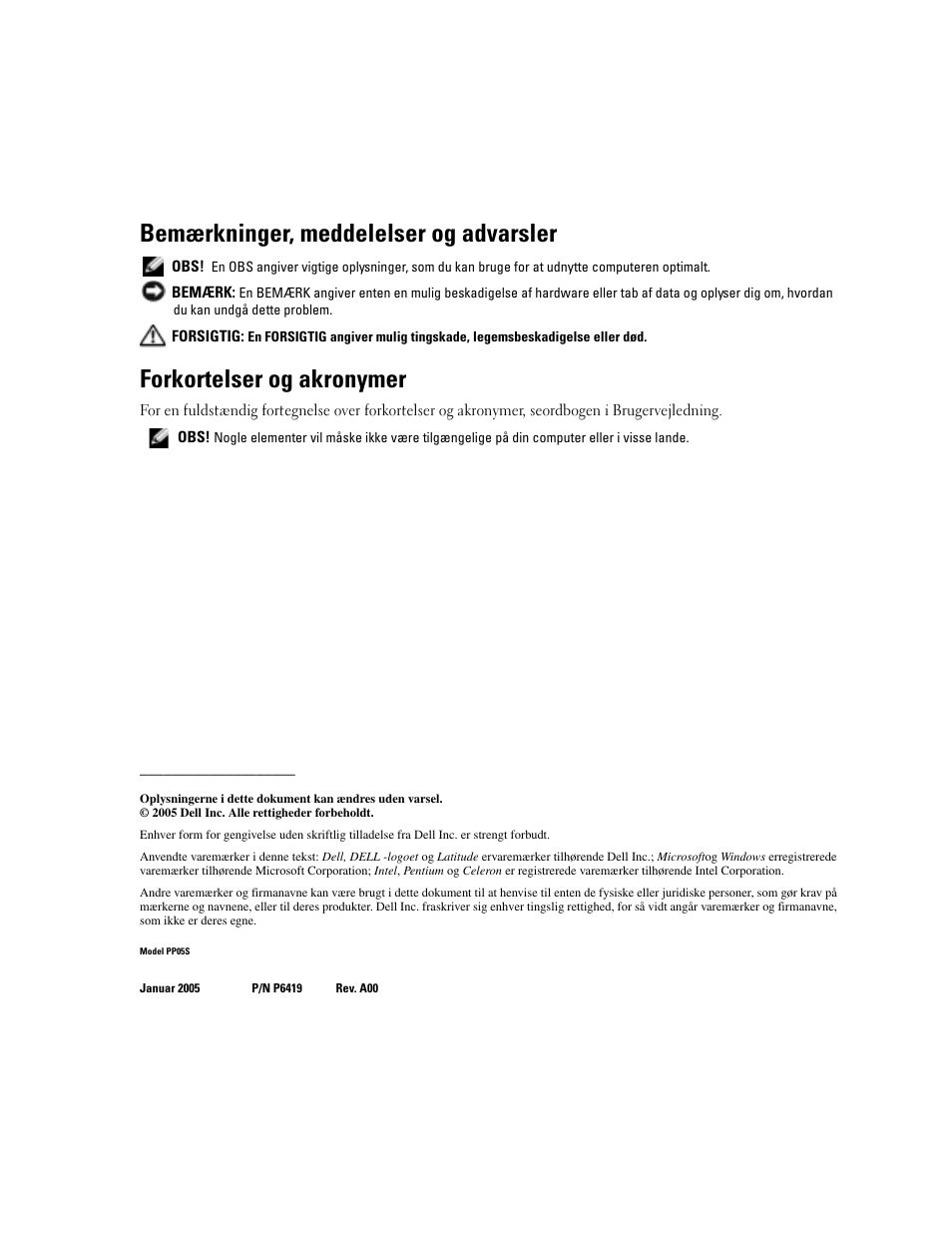 Bemærkninger, meddelelser og advarsler, Forkortelser og akronymer | Dell Latitude X1 User Manual | Page 24 / 176