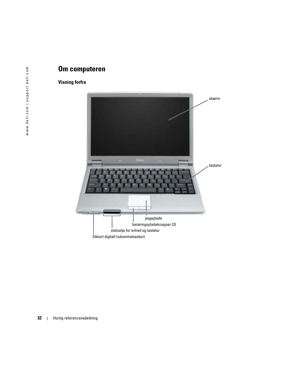 Om computeren, Visning forfra | Dell Latitude X1 User Manual | Page 32 / 176