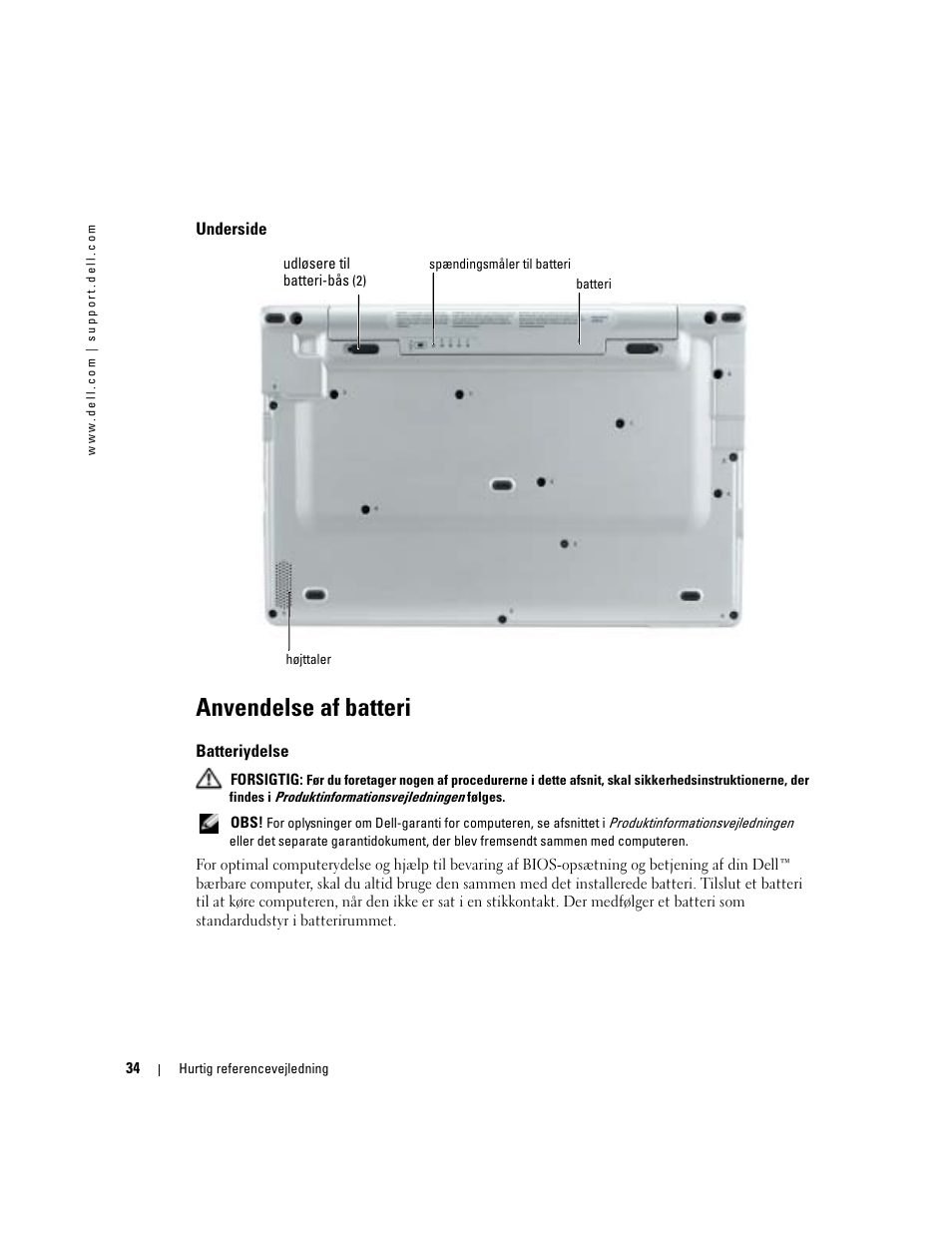 Underside, Anvendelse af batteri, Batteriydelse | Dell Latitude X1 User Manual | Page 34 / 176