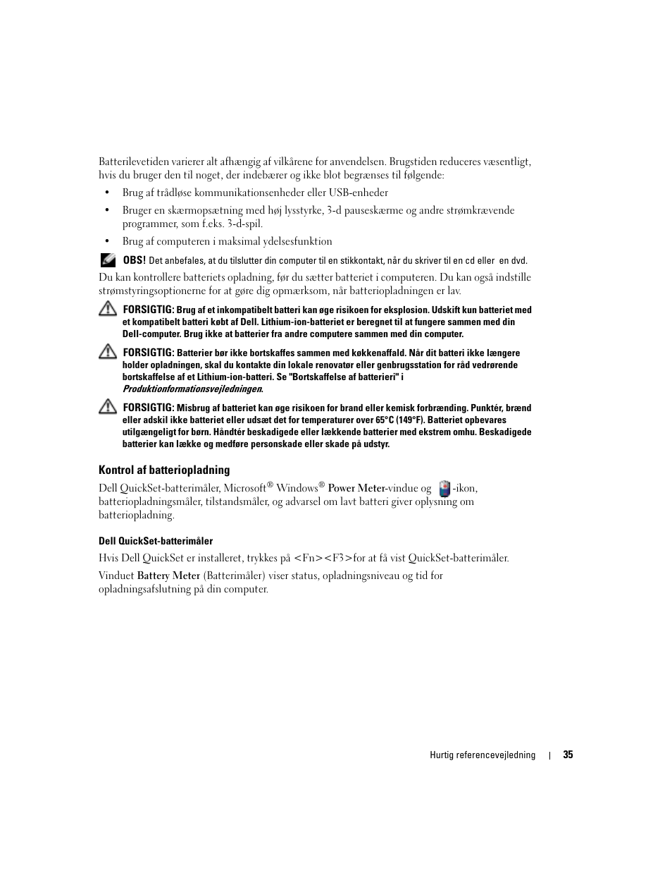 Kontrol af batteriopladning | Dell Latitude X1 User Manual | Page 35 / 176