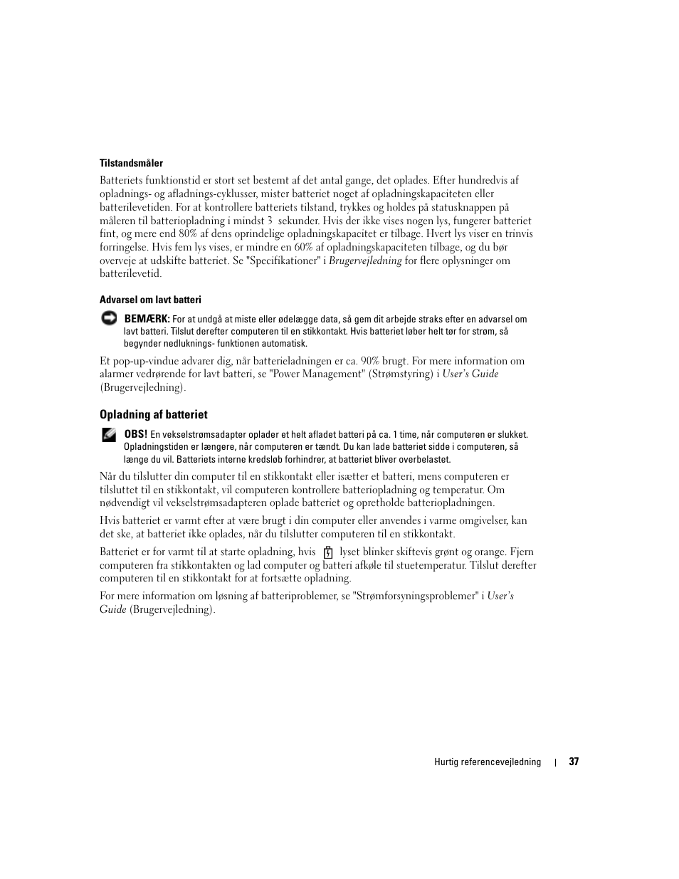 Opladning af batteriet | Dell Latitude X1 User Manual | Page 37 / 176