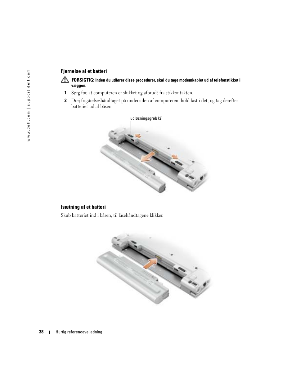 Fjernelse af et batteri, Isætning af et batteri | Dell Latitude X1 User Manual | Page 38 / 176