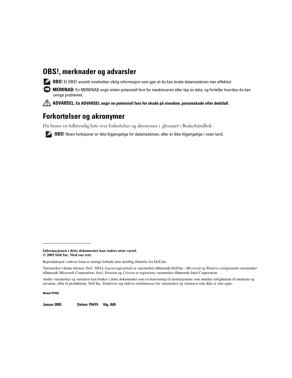 Obs!, merknader og advarsler, Forkortelser og akronymer | Dell Latitude X1 User Manual | Page 68 / 176
