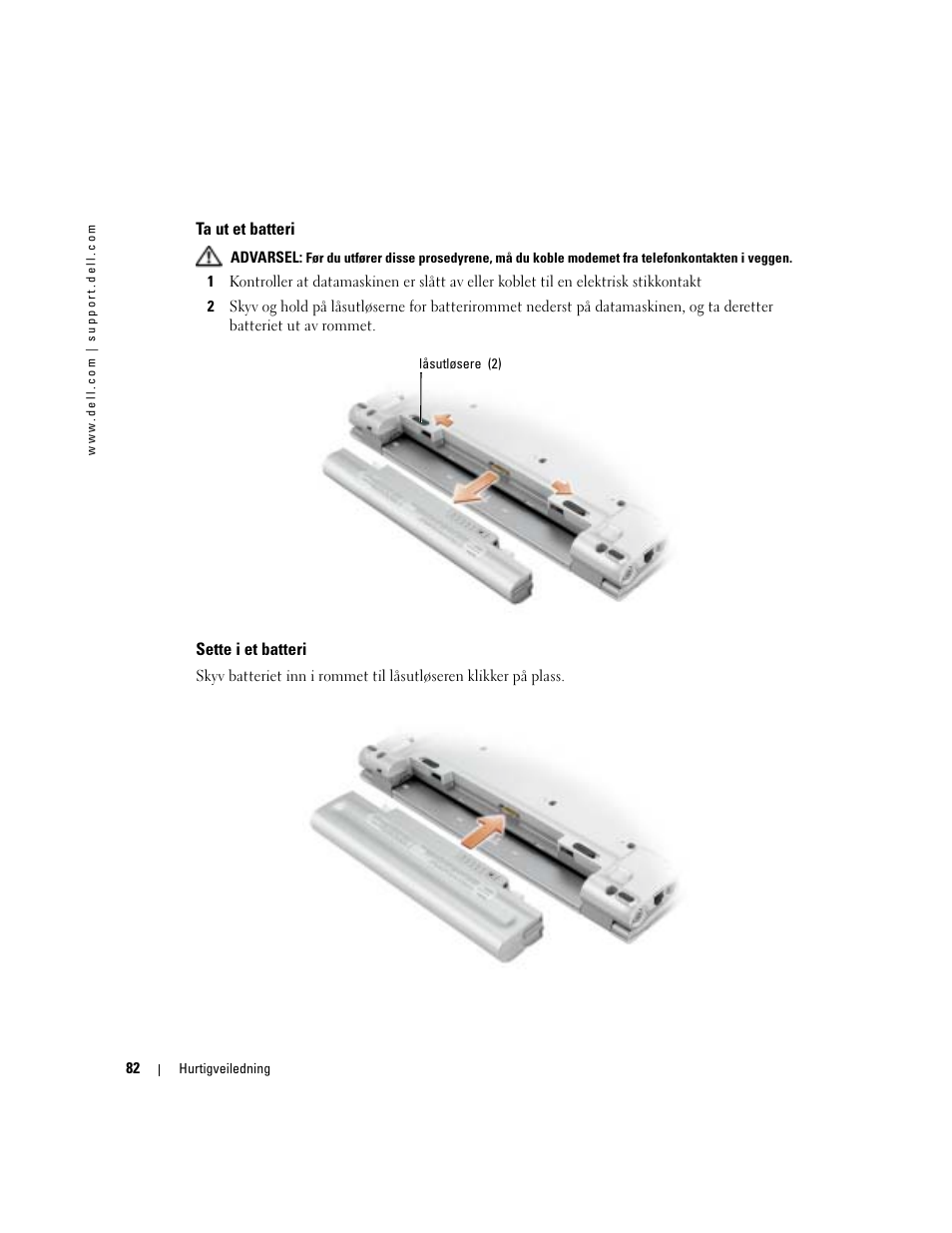 Ta ut et batteri, Sette i et batteri | Dell Latitude X1 User Manual | Page 82 / 176