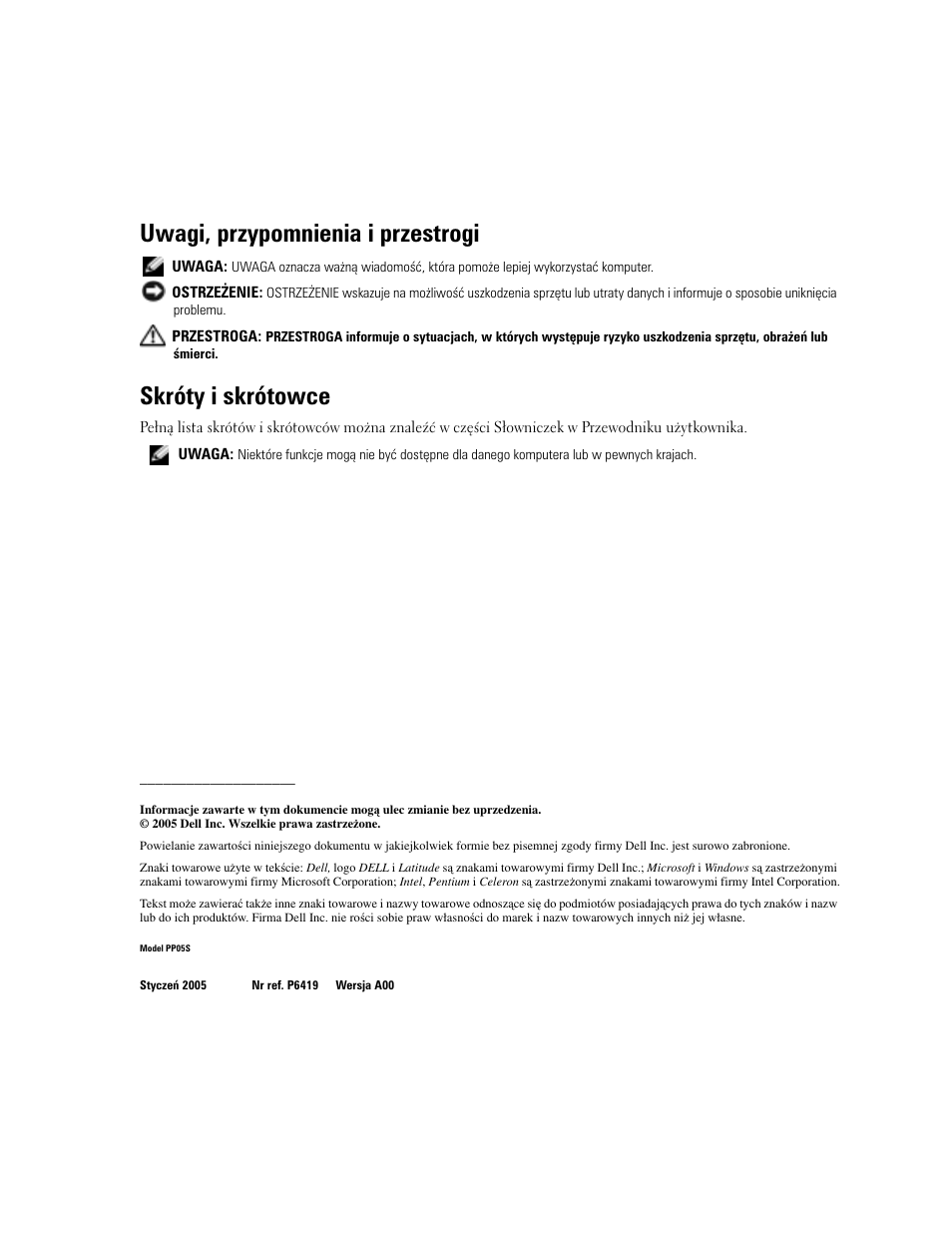 Uwagi, przypomnienia i przestrogi, Skróty i skrótowce | Dell Latitude X1 User Manual | Page 90 / 176