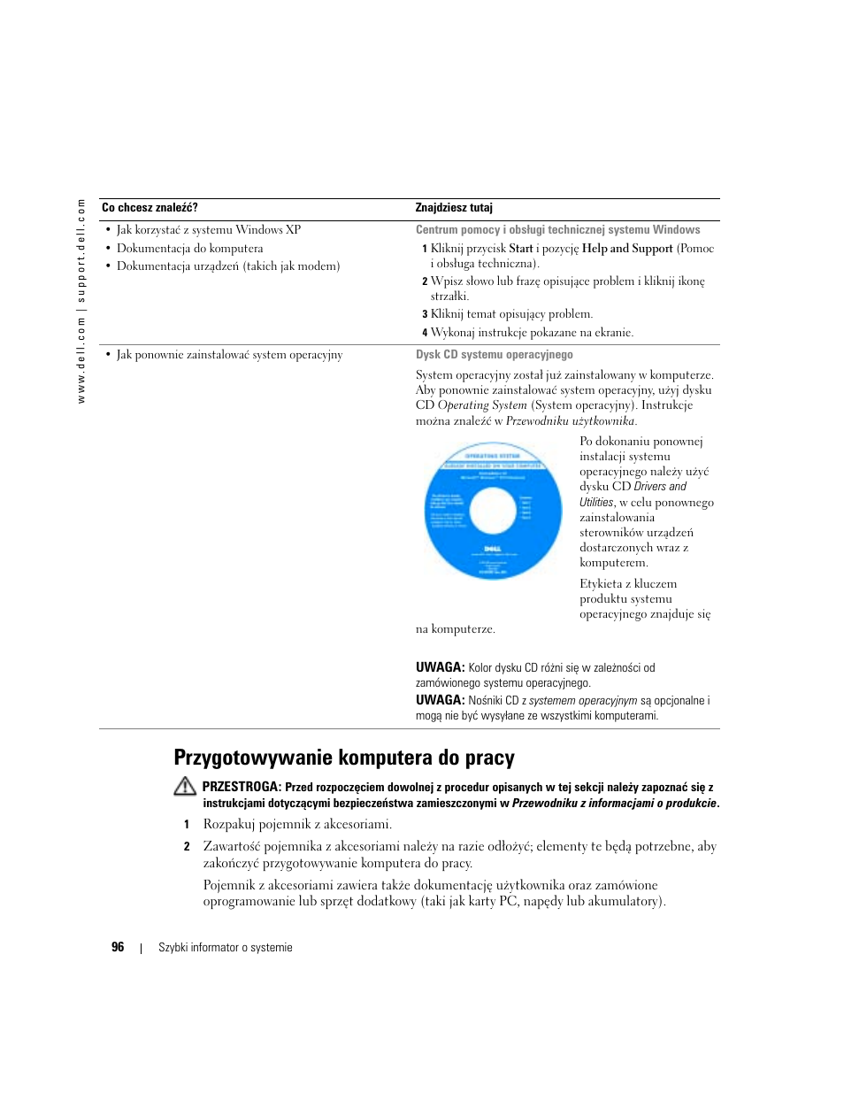 Przygotowywanie komputera do pracy | Dell Latitude X1 User Manual | Page 96 / 176