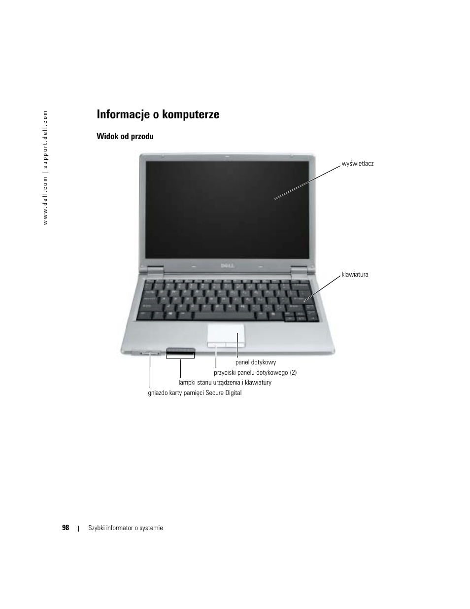 Informacje o komputerze, Widok od przodu | Dell Latitude X1 User Manual | Page 98 / 176