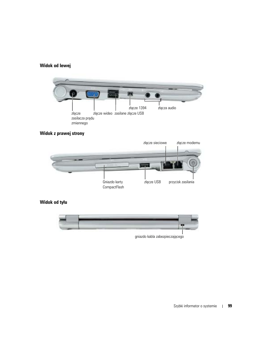 Widok od lewej, Widok z prawej strony, Widok od ty¸u | Widok od tyłu | Dell Latitude X1 User Manual | Page 99 / 176