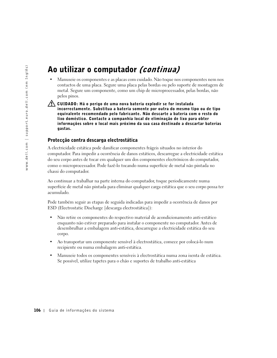 Protecção contra descarga electrostática, Ao utilizar o computador (continua) | Dell Precision 350 User Manual | Page 107 / 172