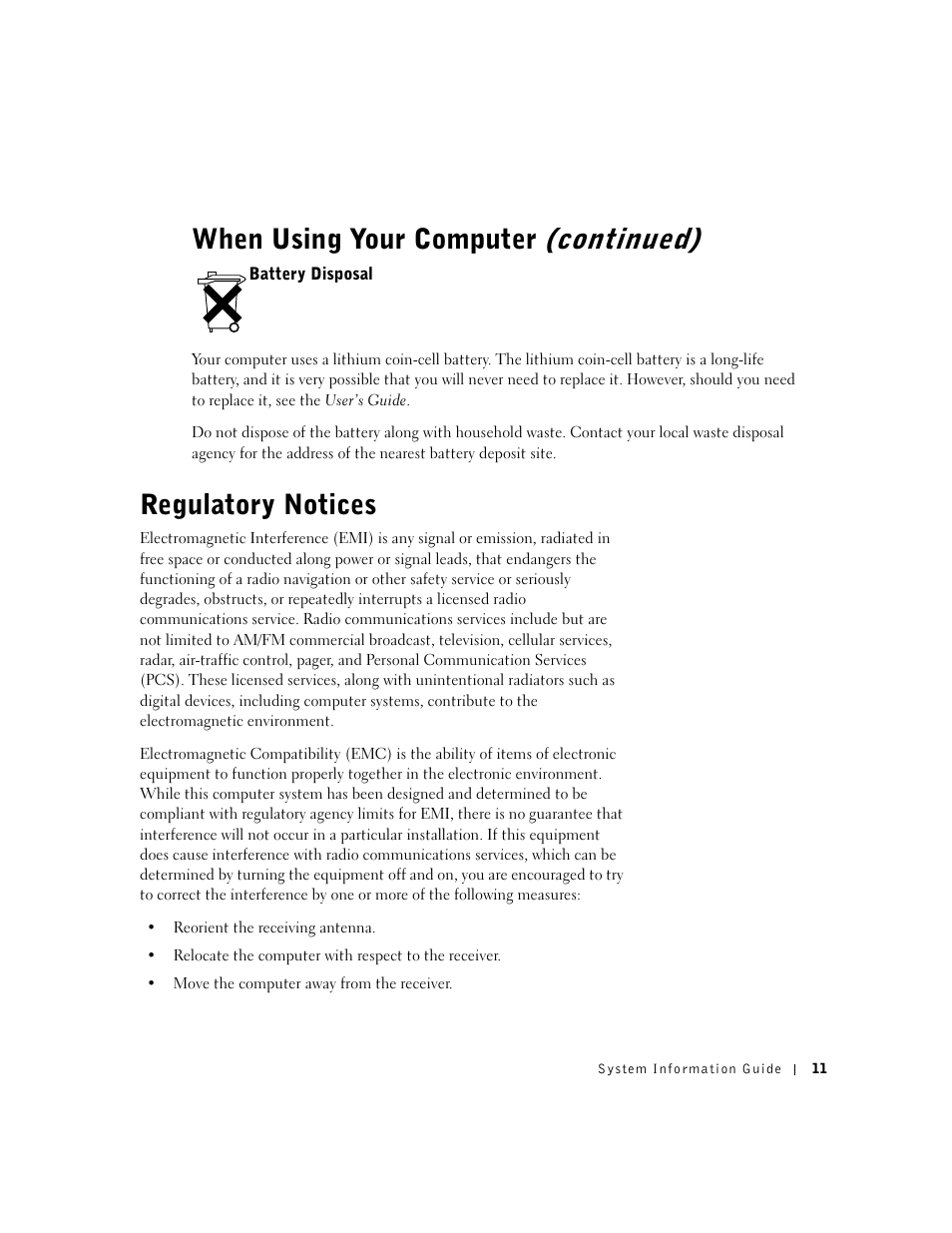 Battery disposal, Regulatory notices, When using your computer (continued) | Dell Precision 350 User Manual | Page 12 / 172