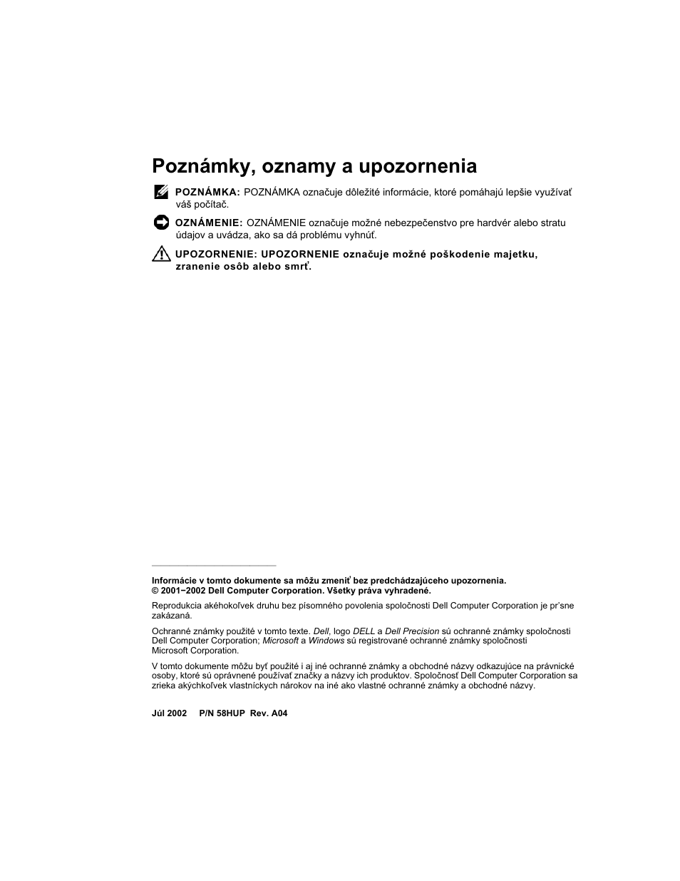Poznámky, oznamy a upozornenia | Dell Precision 350 User Manual | Page 125 / 172