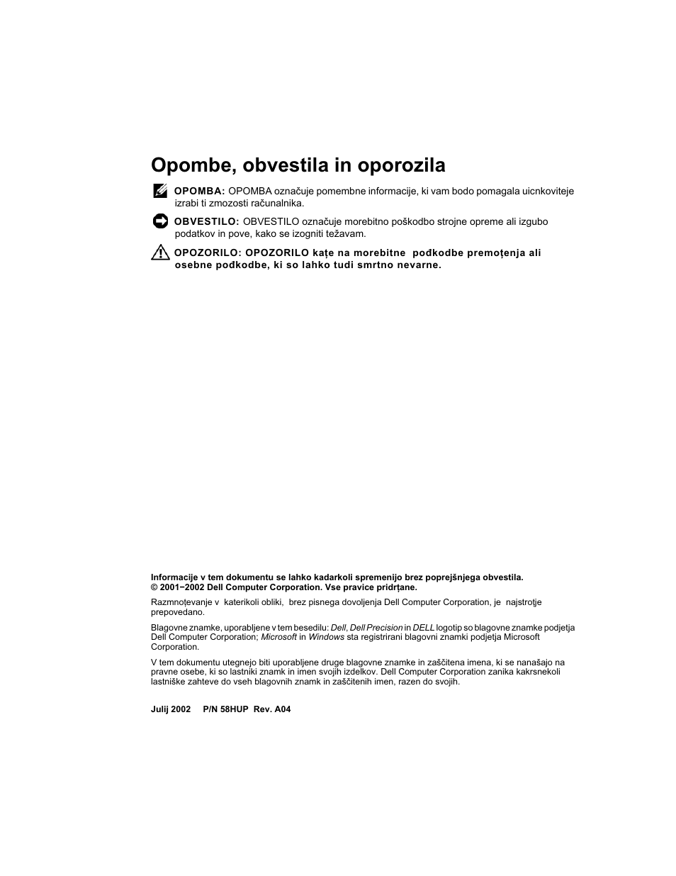 Opombe, obvestila in oporozila | Dell Precision 350 User Manual | Page 137 / 172