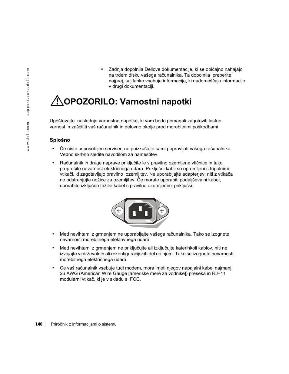 Opozorilo: varnostni napotki, Splošno, Splo | Dell Precision 350 User Manual | Page 141 / 172