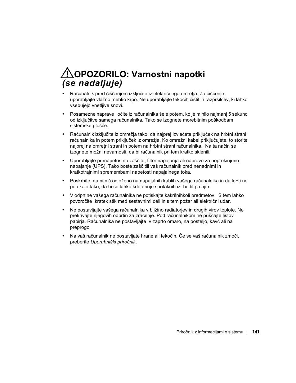 Opozorilo: varnostni napotki (se nadaljuje) | Dell Precision 350 User Manual | Page 142 / 172