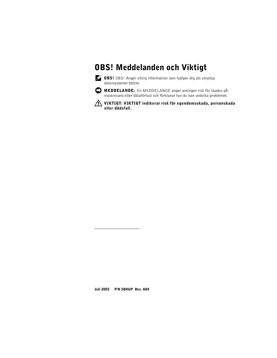 Obs! meddelanden och viktigt | Dell Precision 350 User Manual | Page 149 / 172