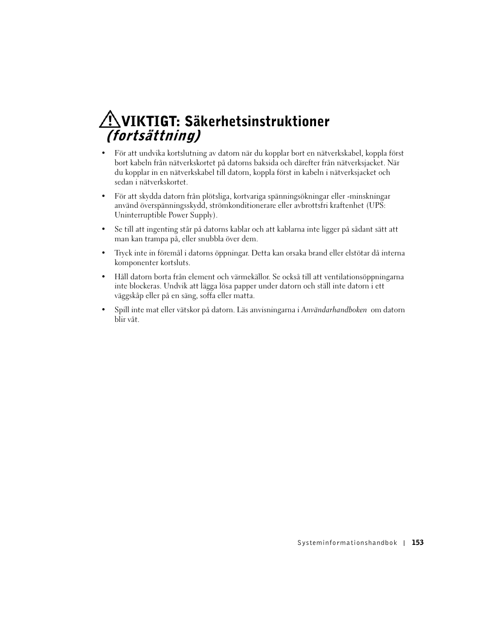 Viktigt: säkerhetsinstruktioner (fortsättning) | Dell Precision 350 User Manual | Page 154 / 172