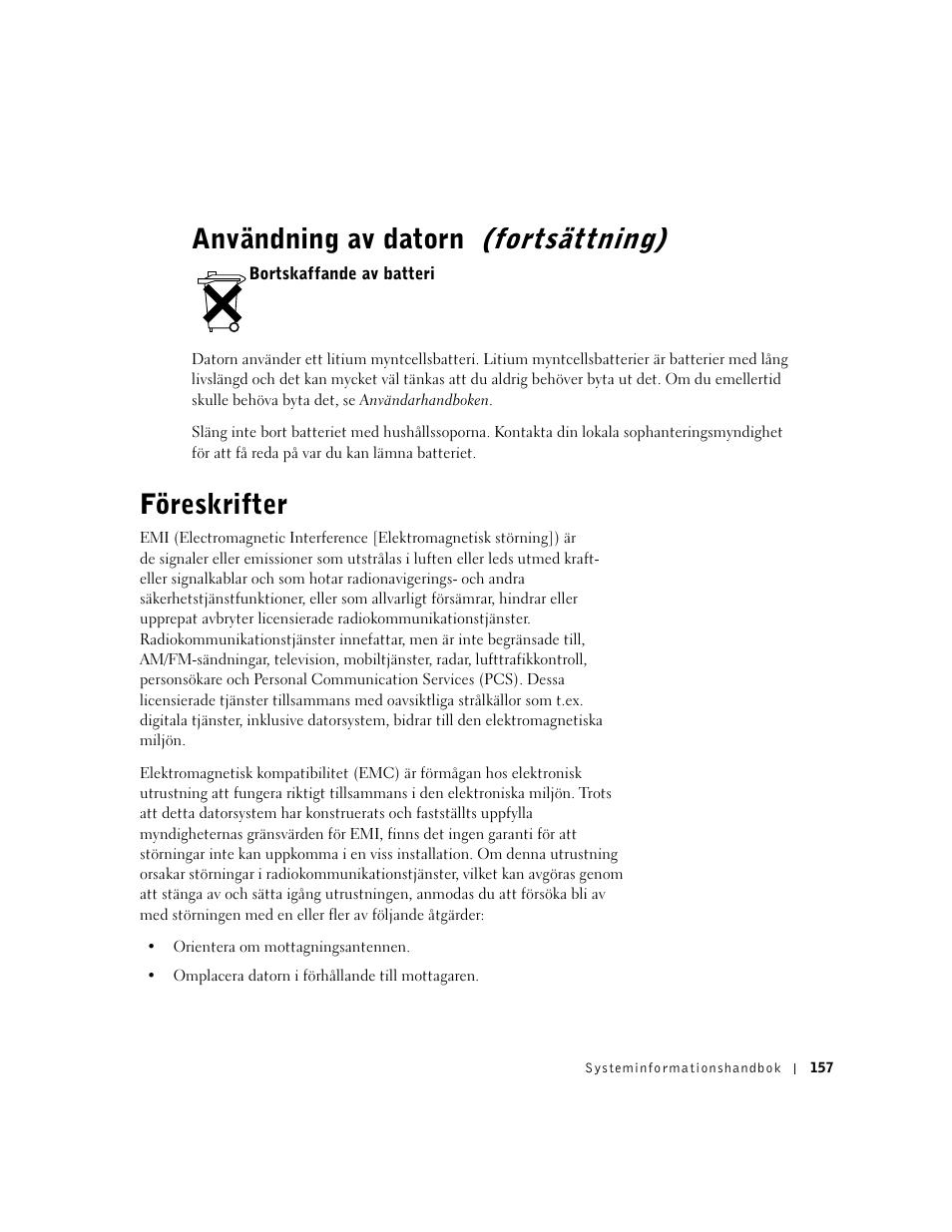 Bortskaffande av batteri, Föreskrifter, Användning av datorn (fortsättning) | Dell Precision 350 User Manual | Page 158 / 172