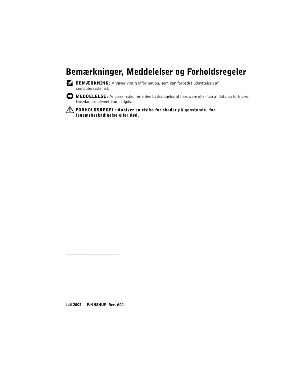 Bemærkninger, meddelelser og forholdsregeler | Dell Precision 350 User Manual | Page 27 / 172
