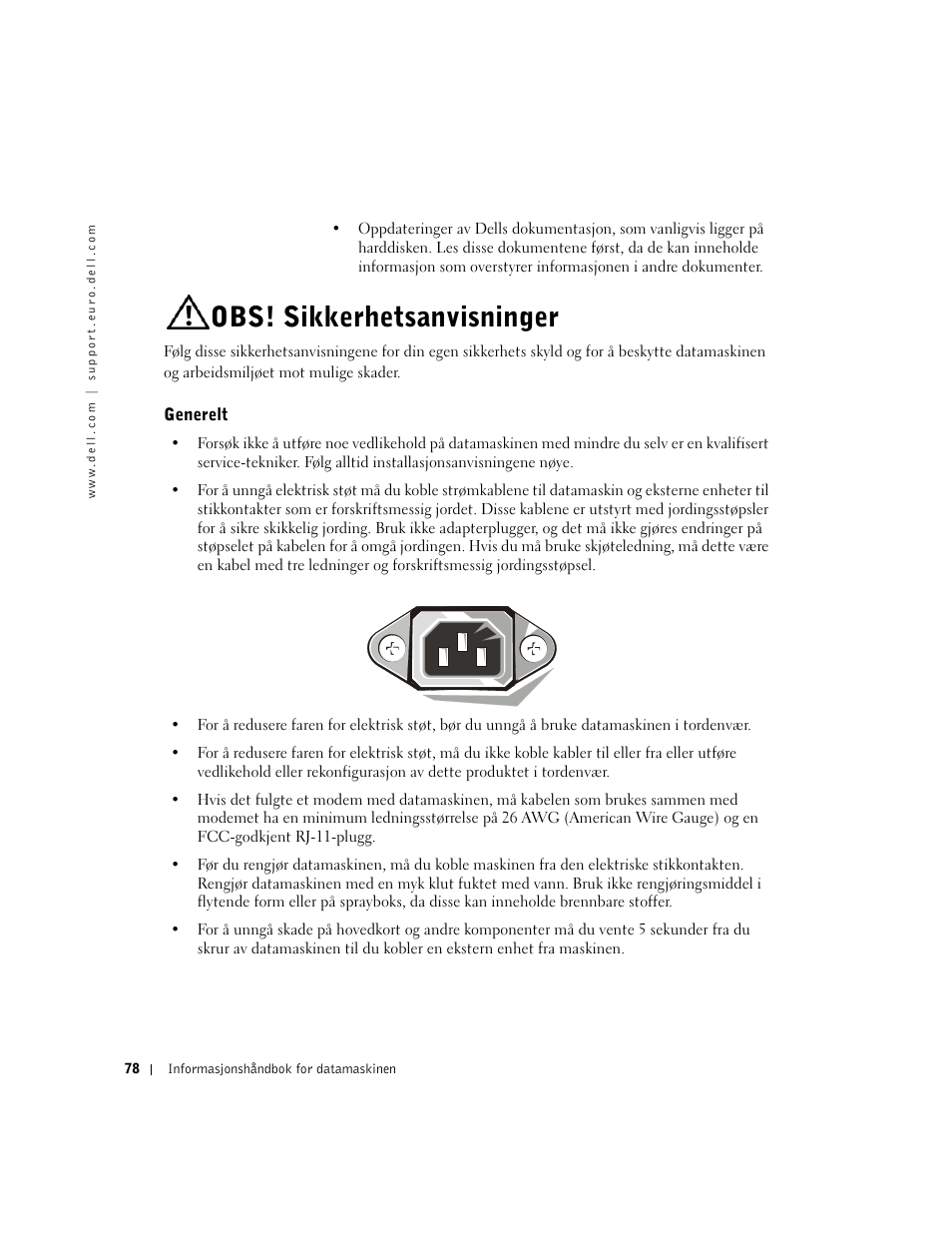 Obs! sikkerhetsanvisninger, Generelt | Dell Precision 350 User Manual | Page 79 / 172