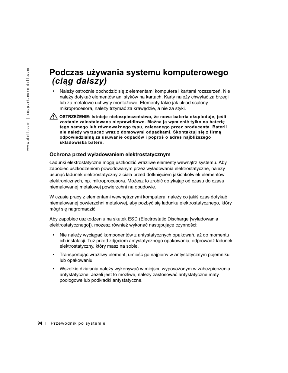 Ochrona przed wyładowaniem elektrostatycznym | Dell Precision 350 User Manual | Page 95 / 172