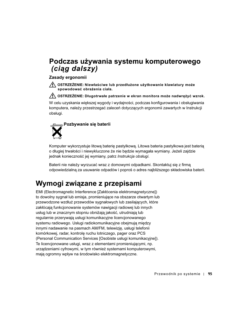 Zasady ergonomii, Pozbywanie się baterii, Wymogi związane z przepisami | Dell Precision 350 User Manual | Page 96 / 172