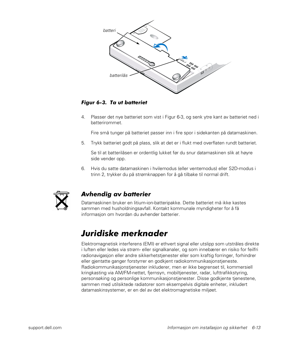 Juridiske merknader, Avhendig av batterier | Dell Latitude L400 User Manual | Page 105 / 170