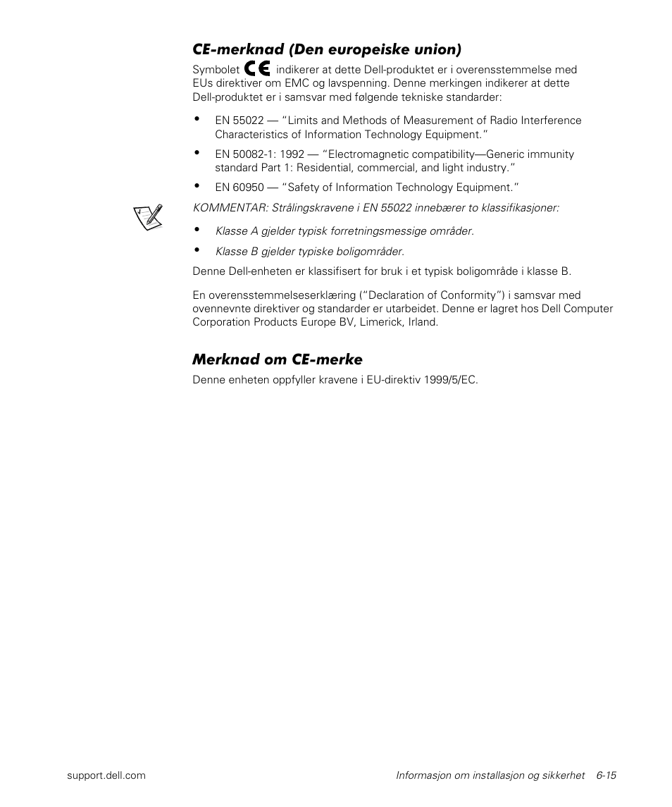 Ce-merknad (den europeiske union), Merknad om ce-merke | Dell Latitude L400 User Manual | Page 107 / 170