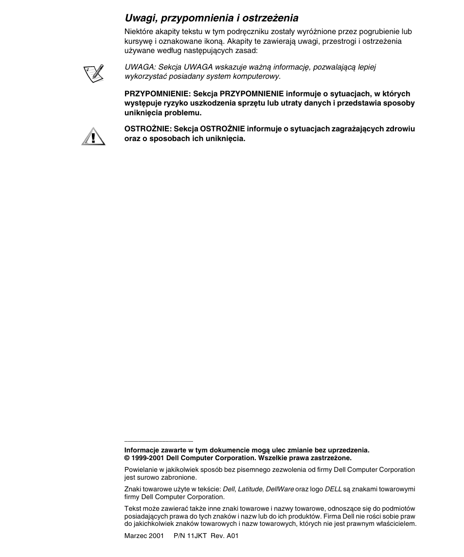 Uwagi, przypomnienia i ostrzeżenia | Dell Latitude L400 User Manual | Page 110 / 170