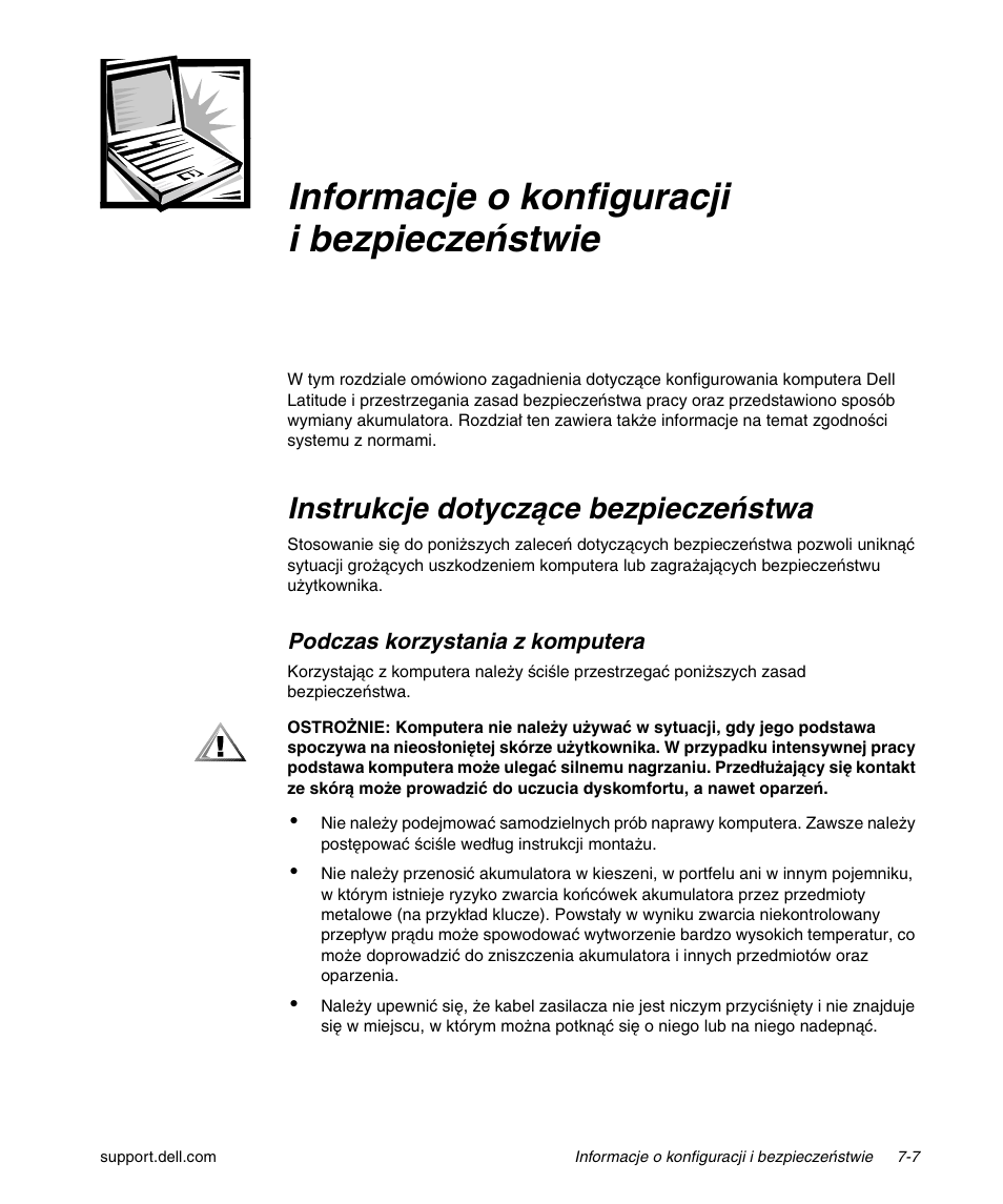 Informacje o konfiguracji i bezpieczeństwie, Instrukcje dotyczące bezpieczeństwa | Dell Latitude L400 User Manual | Page 115 / 170