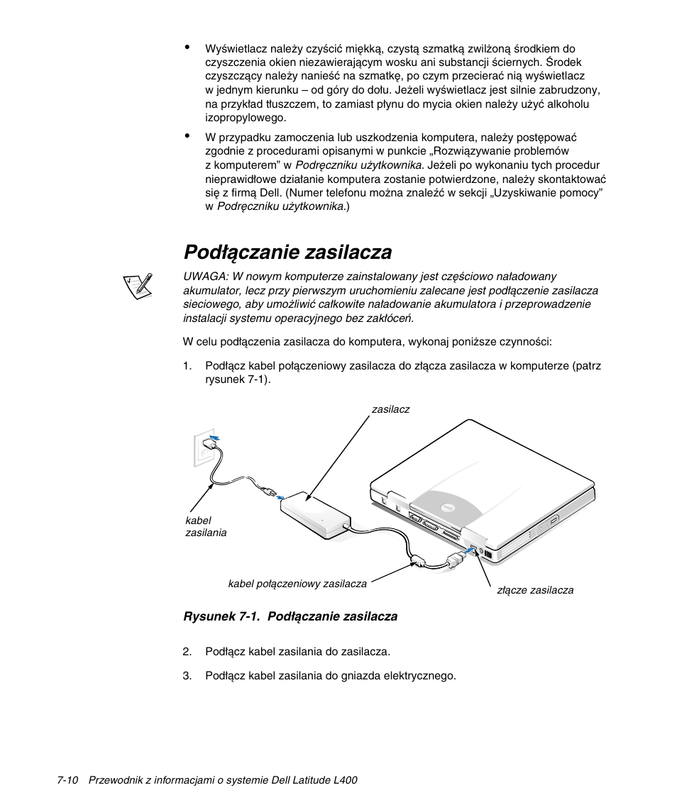 Podłączanie zasilacza | Dell Latitude L400 User Manual | Page 118 / 170