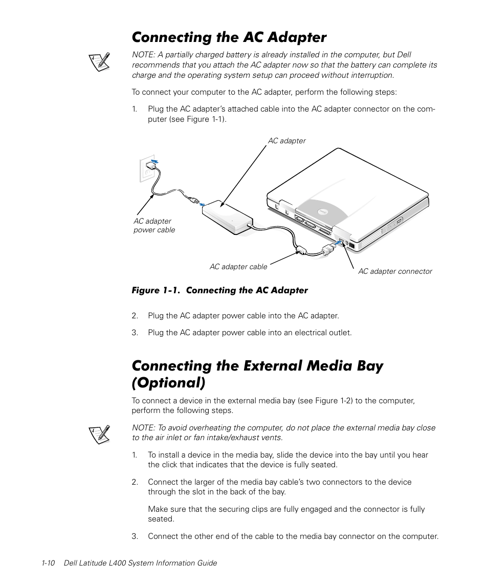 Connecting the ac adapter, Connecting the external media bay (optional) | Dell Latitude L400 User Manual | Page 12 / 170