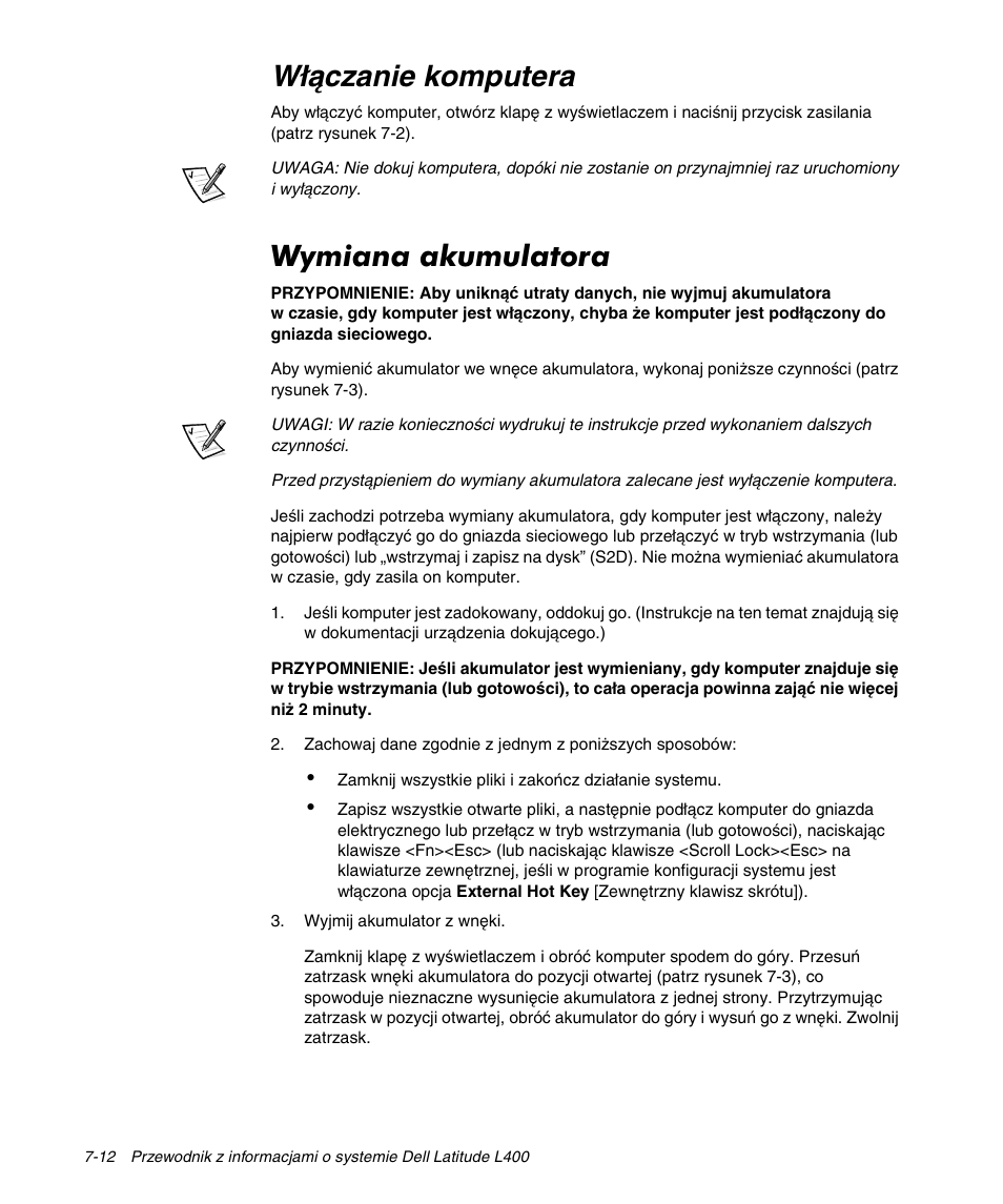 Włączanie komputera, Wymiana akumulatora | Dell Latitude L400 User Manual | Page 120 / 170