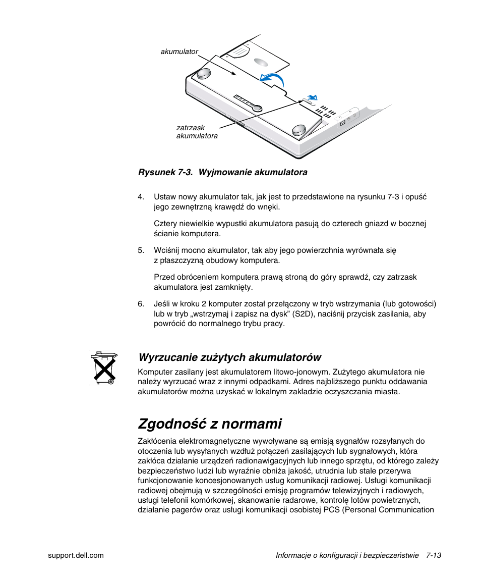 Zgodność z normami, Wyrzucanie zużytych akumulatorów | Dell Latitude L400 User Manual | Page 121 / 170