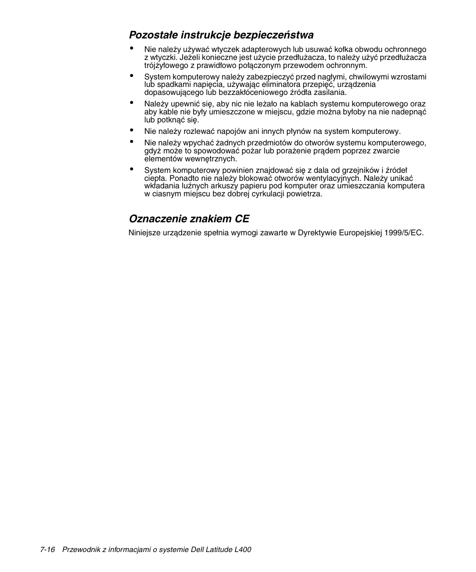 Pozostałe instrukcje bezpieczeństwa, Oznaczenie znakiem ce | Dell Latitude L400 User Manual | Page 124 / 170