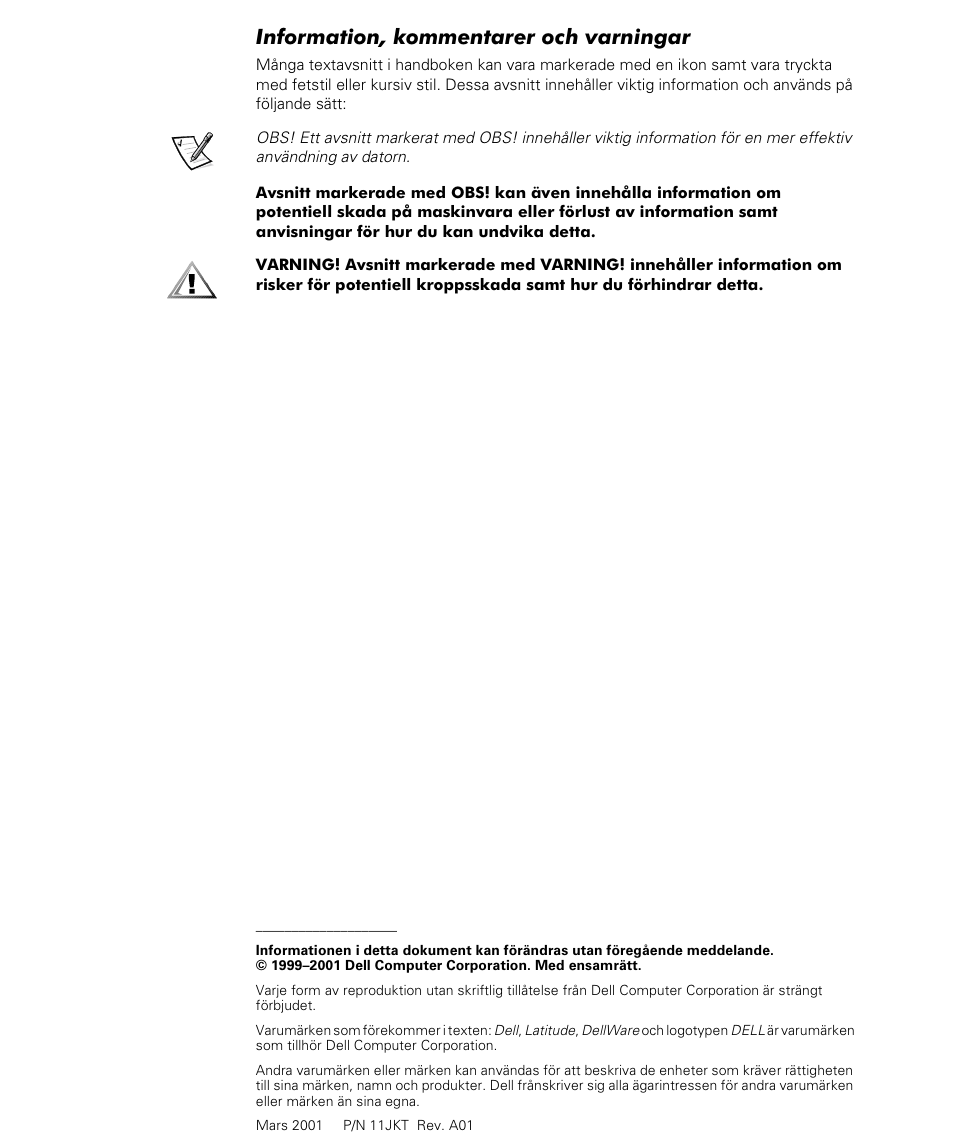Information, kommentarer och varningar | Dell Latitude L400 User Manual | Page 126 / 170