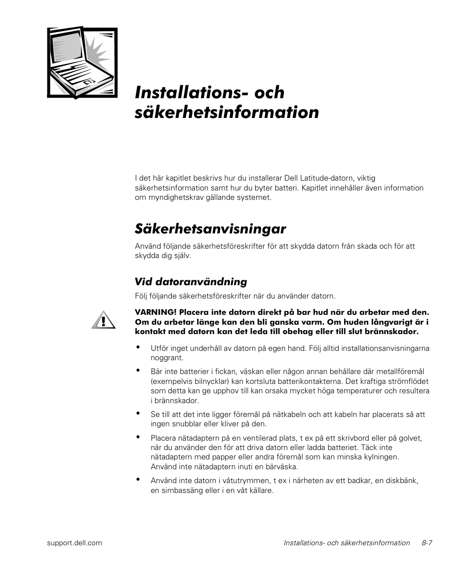 Installations- och säkerhetsinformation, Säkerhetsanvisningar | Dell Latitude L400 User Manual | Page 131 / 170