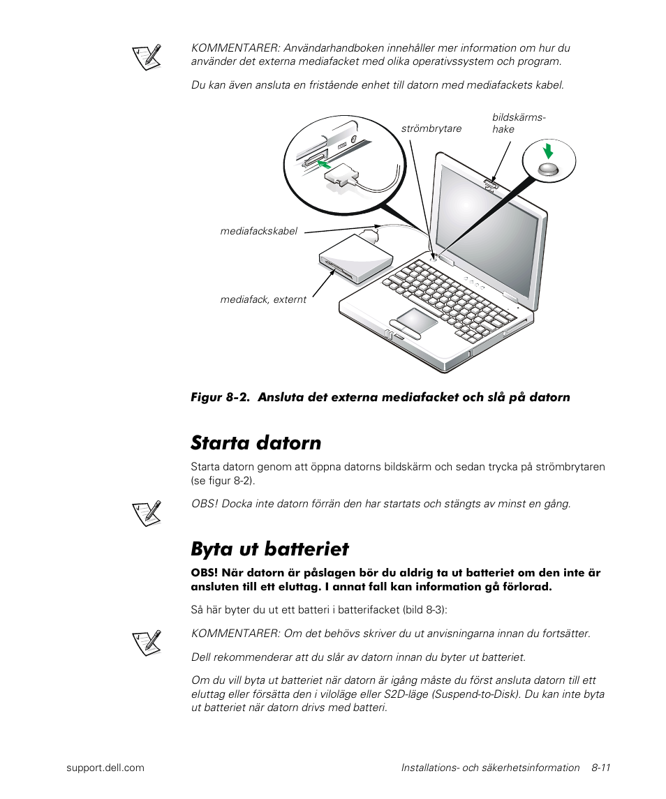 Starta datorn, Byta ut batteriet | Dell Latitude L400 User Manual | Page 135 / 170