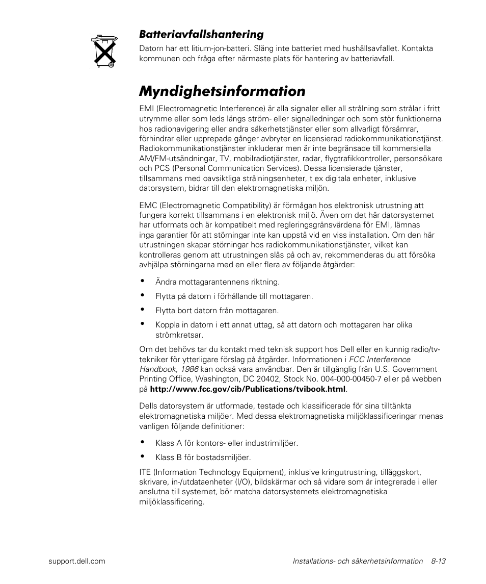 Myndighetsinformation, Batteriavfallshantering | Dell Latitude L400 User Manual | Page 137 / 170