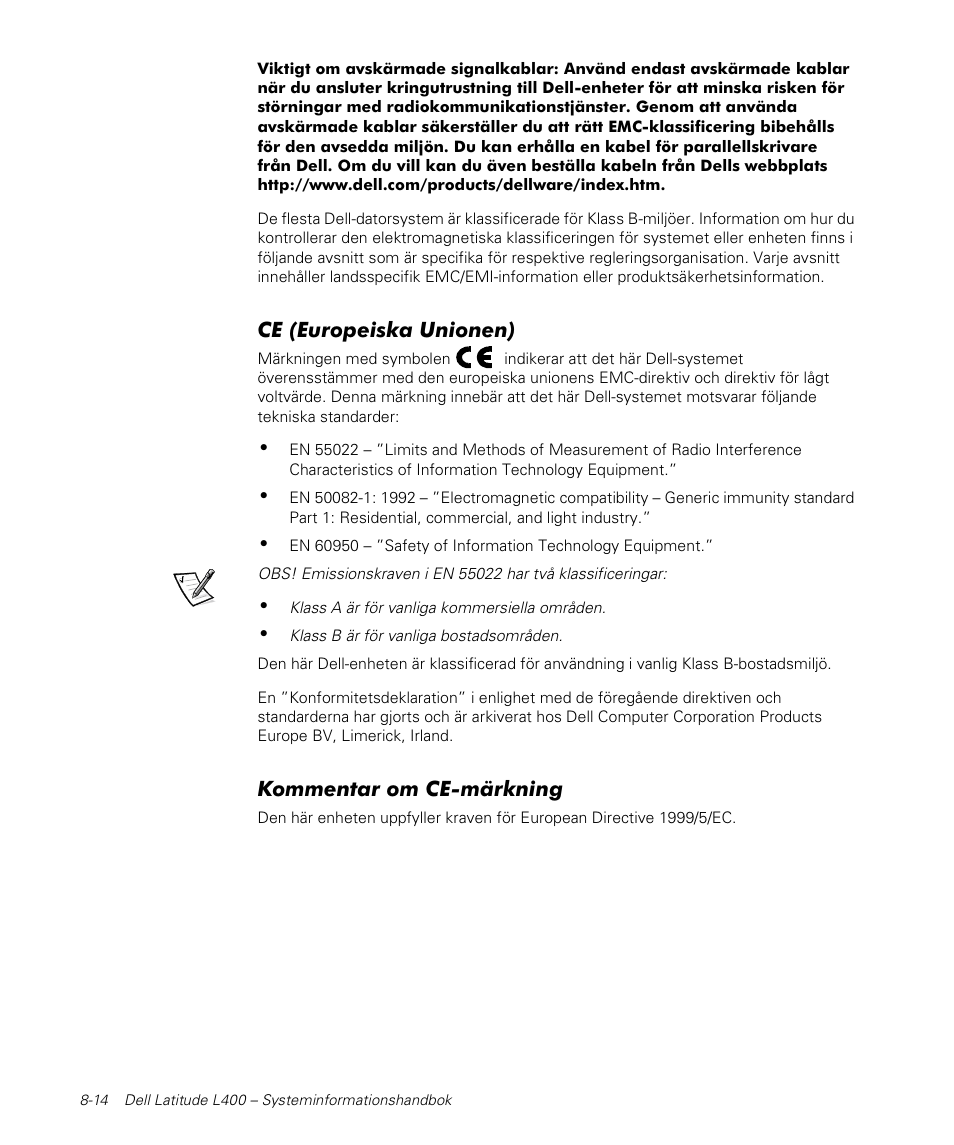 Ce (europeiska unionen), Kommentar om ce-märkning | Dell Latitude L400 User Manual | Page 138 / 170