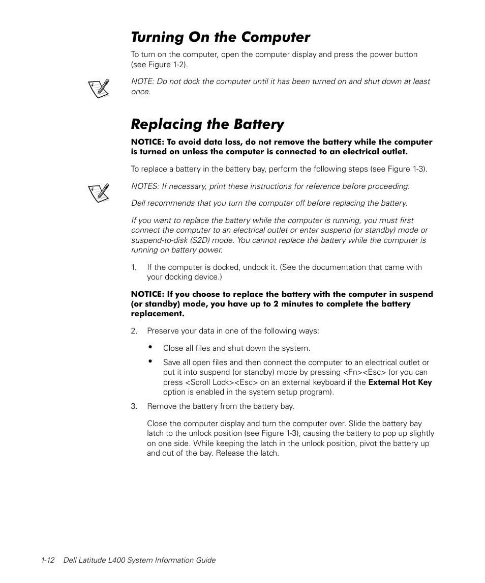 Turning on the computer, Replacing the battery | Dell Latitude L400 User Manual | Page 14 / 170