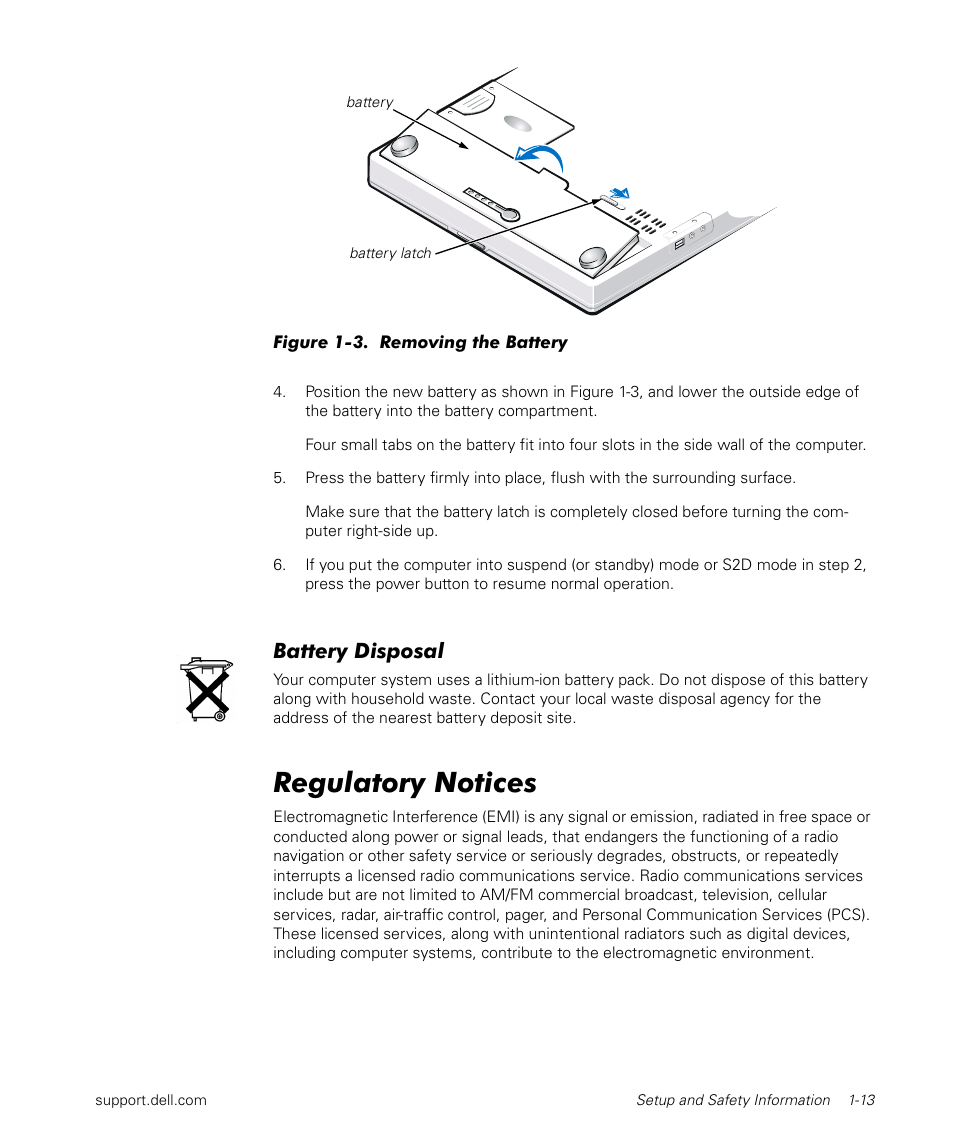 Regulatory notices, Battery disposal | Dell Latitude L400 User Manual | Page 15 / 170