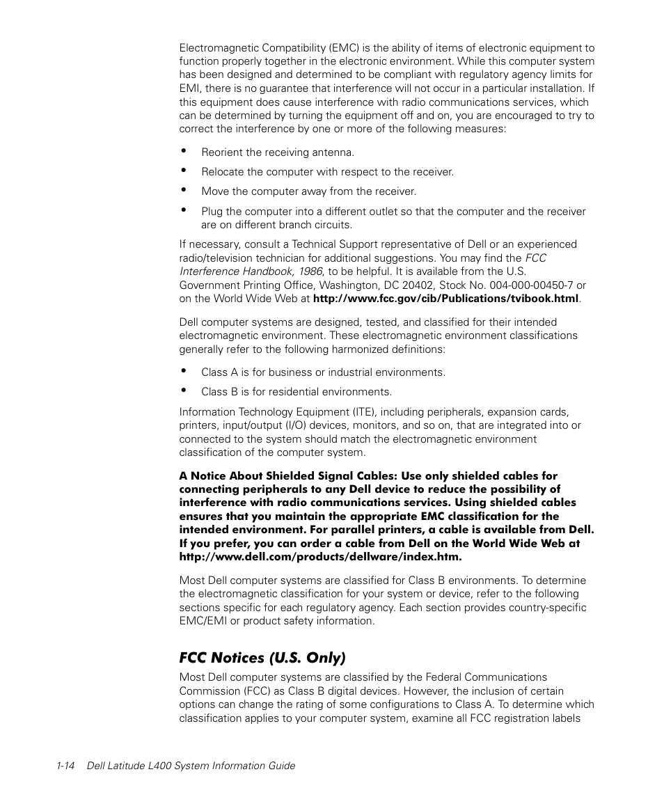 Fcc notices (u.s. only) | Dell Latitude L400 User Manual | Page 16 / 170